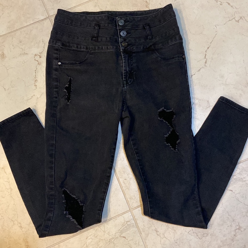High-Rise Black Distressed Women’s Jeans - Button Front